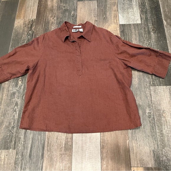 Edward Shirt Womens 1X Brown 100% Irish Linen 3/4 Sleeve Collared tunic Brown - Picture 7 of 11